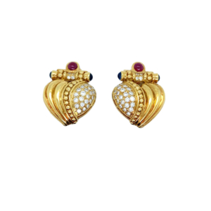 18K Yellow Gold Diamond, Ruby, and Sapphire Earring