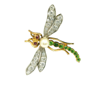 Antique Platinum Over Gold Diamond and Demantoid Dragonfly Brooch