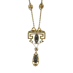 Art Nouveau 14K Yellow Gold Black Opal and Diamond Necklace