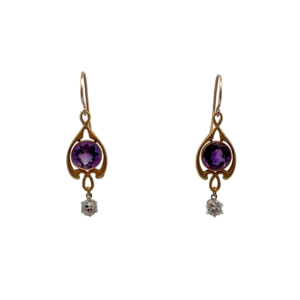 Art Nouveau 14K Yellow Gold and Platinum Amethyst and Diamond Earring