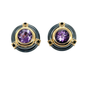 14K Yellow Gold Hematite, Amethyst, and Tourmaline Earrings