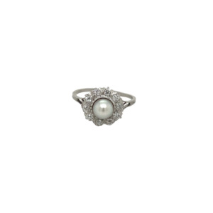 Edwardian Platinum Natural Pearl and Diamond Ring