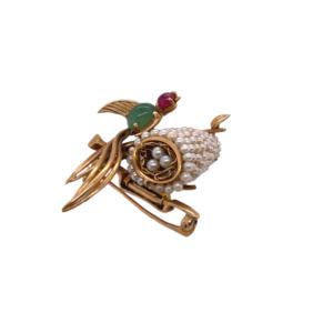 Retro 14K Yellow Gold Seed pearl, Emerald and Ruby Birds Nest Brooch