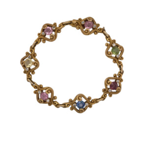 Art Nouveau 14K Yellow Gold Multi Color Stone and Diamond Bracelet