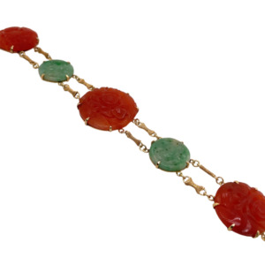 Art Deco 14K Yellow Gold Carnelian and Jade Bracelet