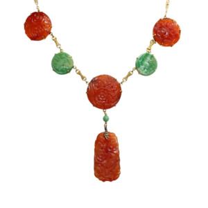 Art Deco 14K Yellow Gold Carnelian and Jade Necklace