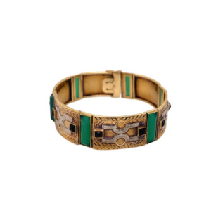 Art Deco 14K Yellow and White Gold Green and Black Onyx Bracelet
