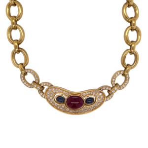 18K Yellow Gold Ruby and Sapphire Necklace