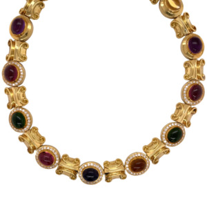18K Yellow Gold Multi-Color Stone and Diamond Necklace