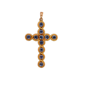 Art Nouveau 14K Yellow Gold Montana Sapphire Cross Pendant