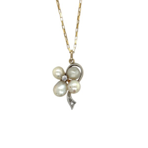 Antique Platinum and 14K Yellow Gold Natural Pearl and Diamond Pendant