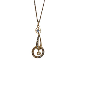 Victorian 14K Yellow Gold Seed Pearl, Sapphire and Diamond Lavalier