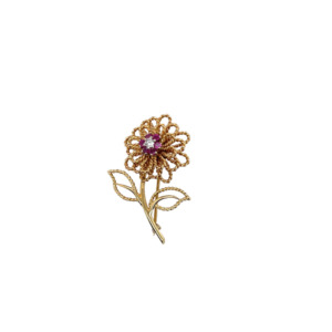 14K Yellow Gold Ruby and Diamond Floral Brooch