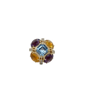 18K Yellow Gold Multi-Color Stone and Diamond Ring