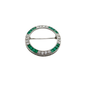 Vintage Platinum Emerald and Diamond Circle Brooch
