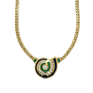 18K Yellow Gold Diamond, Emerald, and Sapphire Pendant