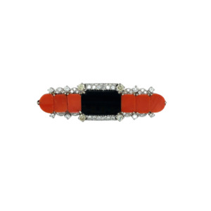 Art Deco Platinum Onyx, Coral, and Diamond Brooch