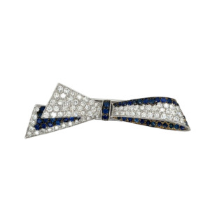18K White Gold Diamond and Sapphire Bow Brooch