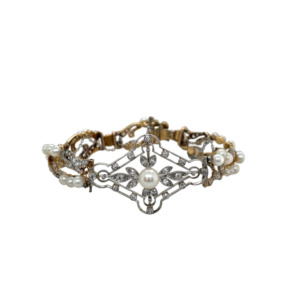Edwardian Platinum over Gold Pearl and Diamond Bracelet