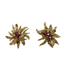 18K Yellow Gold Ruby and Diamond Earrings