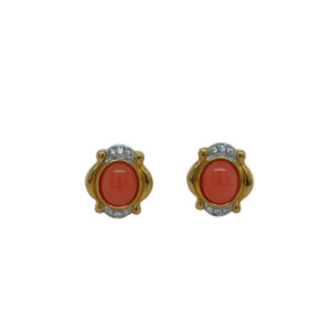 18K Yellow Gold Coral and Diamond Earrings