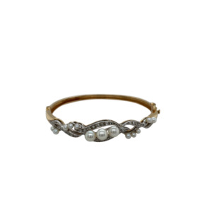 14K Yellow Gold Pearl and Diamond Bangle Bracelet