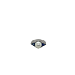 Art Deco Platinum Pearl, Sapphire, and Diamond Ring