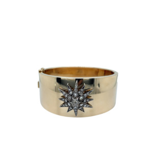 14K Yellow Gold and Silver Diamond Bangle Bracelet