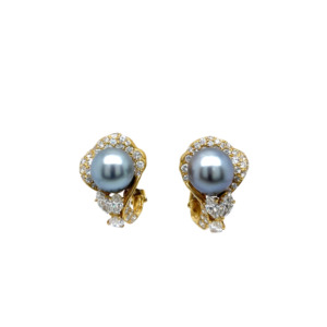18K Yellow Gold Tahitian Grey Pearl Diamond Earrings