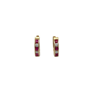 14K Yellow Gold Ruby and Diamond Hoop Earrings