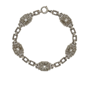 Krementz Art Deco 14K White Gold, Rock Crystal, and Diamond Bracelet