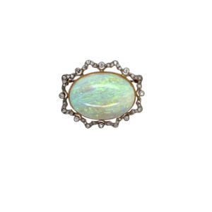 Edwardian Platinum and 14K Yellow Gold Opal and Diamond Brooch