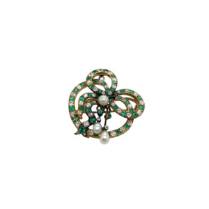 Antique 14K Yellow Gold Emerald, Diamond, and Pearl Brooch/Pendant