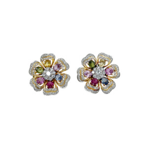 18K Yellow Gold Diamond and Multi-color Sapphire Earrings