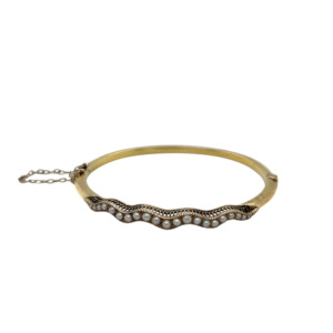 Antique 14K Yellow Gold Seed Pearl Bangle Bracelet