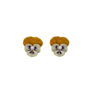 14K Yellow Gold Enamel Pansy and Pearl Earrings