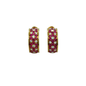 18K Yellow Gold Ruby and Diamond Hoop Earrings