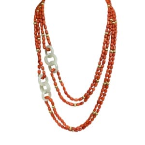 14K Yellow Gold Coral and Jade Necklace