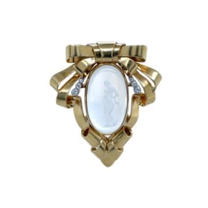 Retro 18K Yellow Gold Moonstone and Diamond Brooch