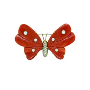 Valentin Magro 18K Yellow Gold Coral and Diamond Butterfly Brooch.