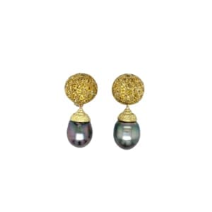 18K Yellow Gold Tahitian Black Pearl and Yellow Sapphire Earrings