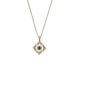 14K Yellow Gold Emerald and Diamond Pendant .