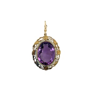 Antique 14K Yellow Gold Amethyst and Seed Pearl Pendant