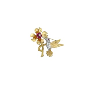 18K Yellow Gold Flower and Hummingbird Brooch