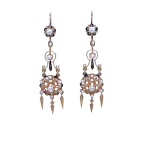 Victorian 14K Yellow Gold Enamel and Pearl Earrings