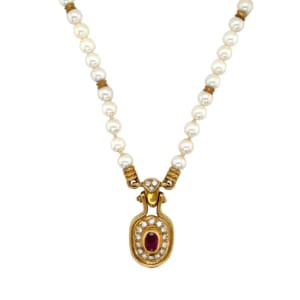 18K Yellow Gold Pearl, Ruby and Diamond Necklace