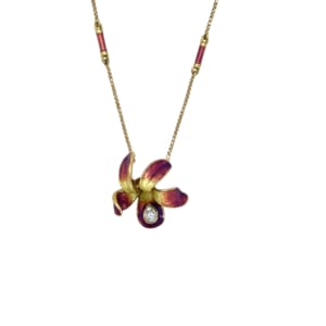 14K Yellow Gold Enamel Orchid Diamond Pendant