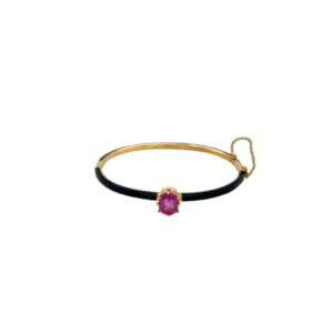 Victorian 18K Yellow Gold Pink Sapphire and Enamel Bangle Bracelet