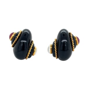 Verdura 18K Yellow Gold Ruby and Mother Pearl Earrings