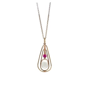 14K Yellow Gold Moonstone and Ruby Lavaliere Pendant